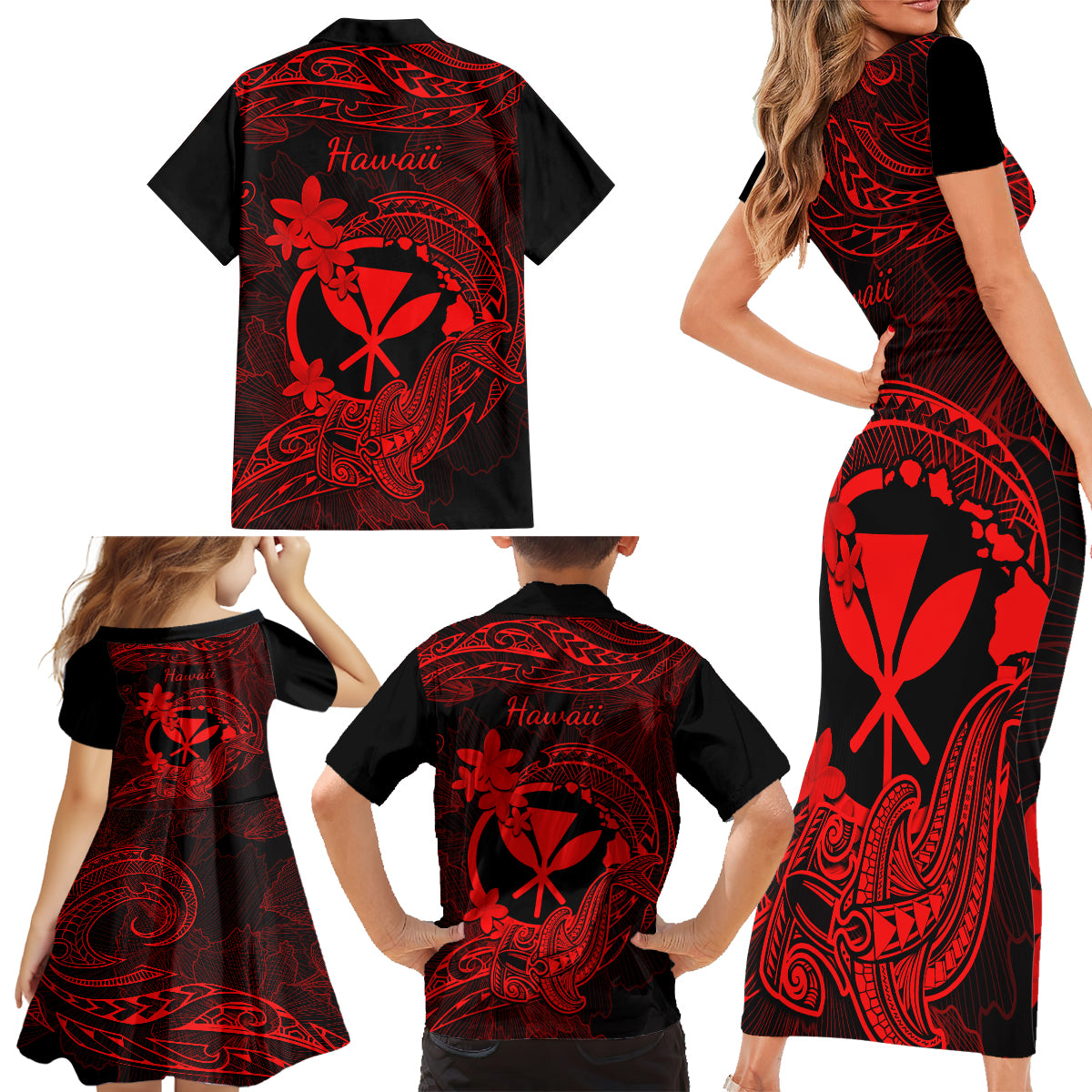 hawaii-family-matching-short-sleeve-bodycon-dress-and-hawaiian-shirt-hammerhead-shark-tattoo-mix-polynesian-plumeria-red-version