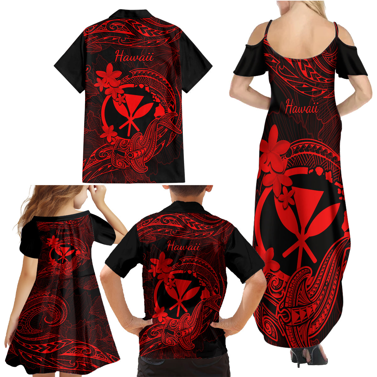 Hawaii Family Matching Summer Maxi Dress and Hawaiian Shirt Hammerhead Shark Tattoo Mix Polynesian Plumeria Red Version LT14 - Polynesian Pride
