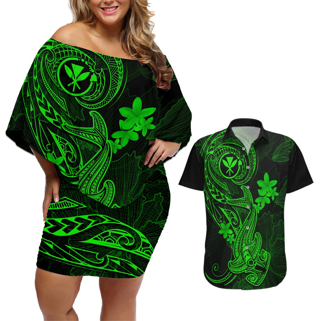 hawaii-couples-matching-off-shoulder-short-dress-and-hawaiian-shirt-hammerhead-shark-tattoo-mix-polynesian-plumeria-green-version