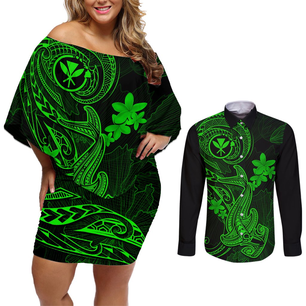 hawaii-couples-matching-off-shoulder-short-dress-and-long-sleeve-button-shirts-hammerhead-shark-tattoo-mix-polynesian-plumeria-green-version