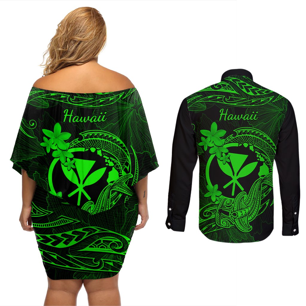 hawaii-couples-matching-off-shoulder-short-dress-and-long-sleeve-button-shirts-hammerhead-shark-tattoo-mix-polynesian-plumeria-green-version