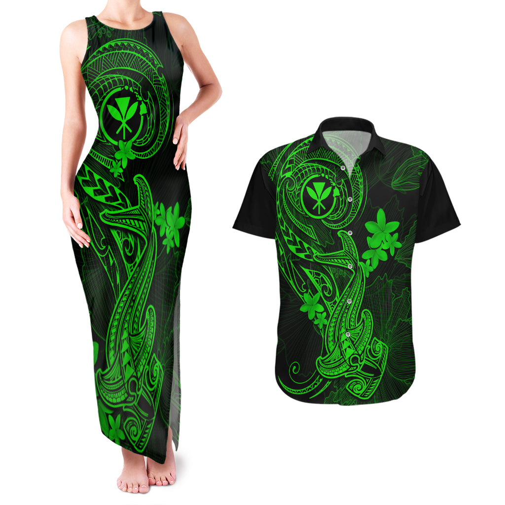 Hawaii Couples Matching Tank Maxi Dress and Hawaiian Shirt Hammerhead Shark Tattoo Mix Polynesian Plumeria Green Version LT14 Green - Polynesian Pride