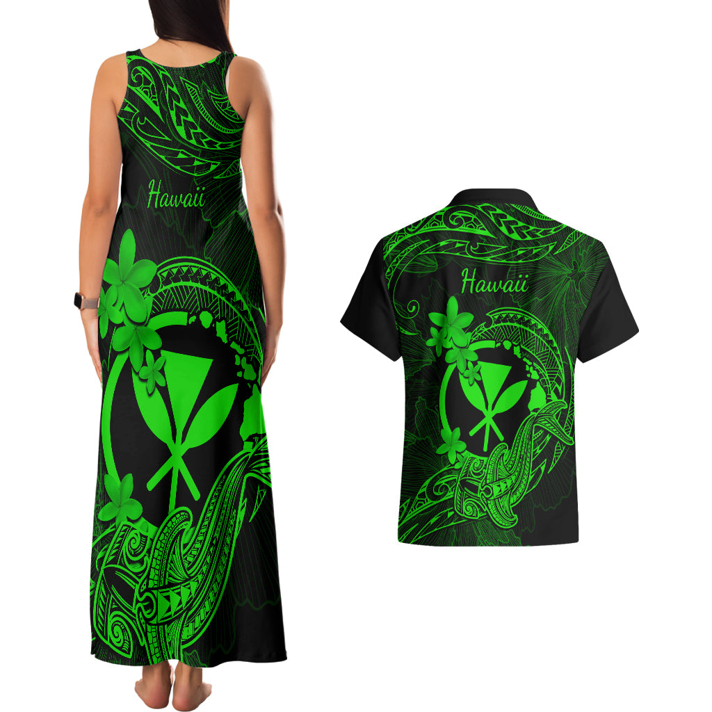 Hawaii Couples Matching Tank Maxi Dress and Hawaiian Shirt Hammerhead Shark Tattoo Mix Polynesian Plumeria Green Version LT14 - Polynesian Pride