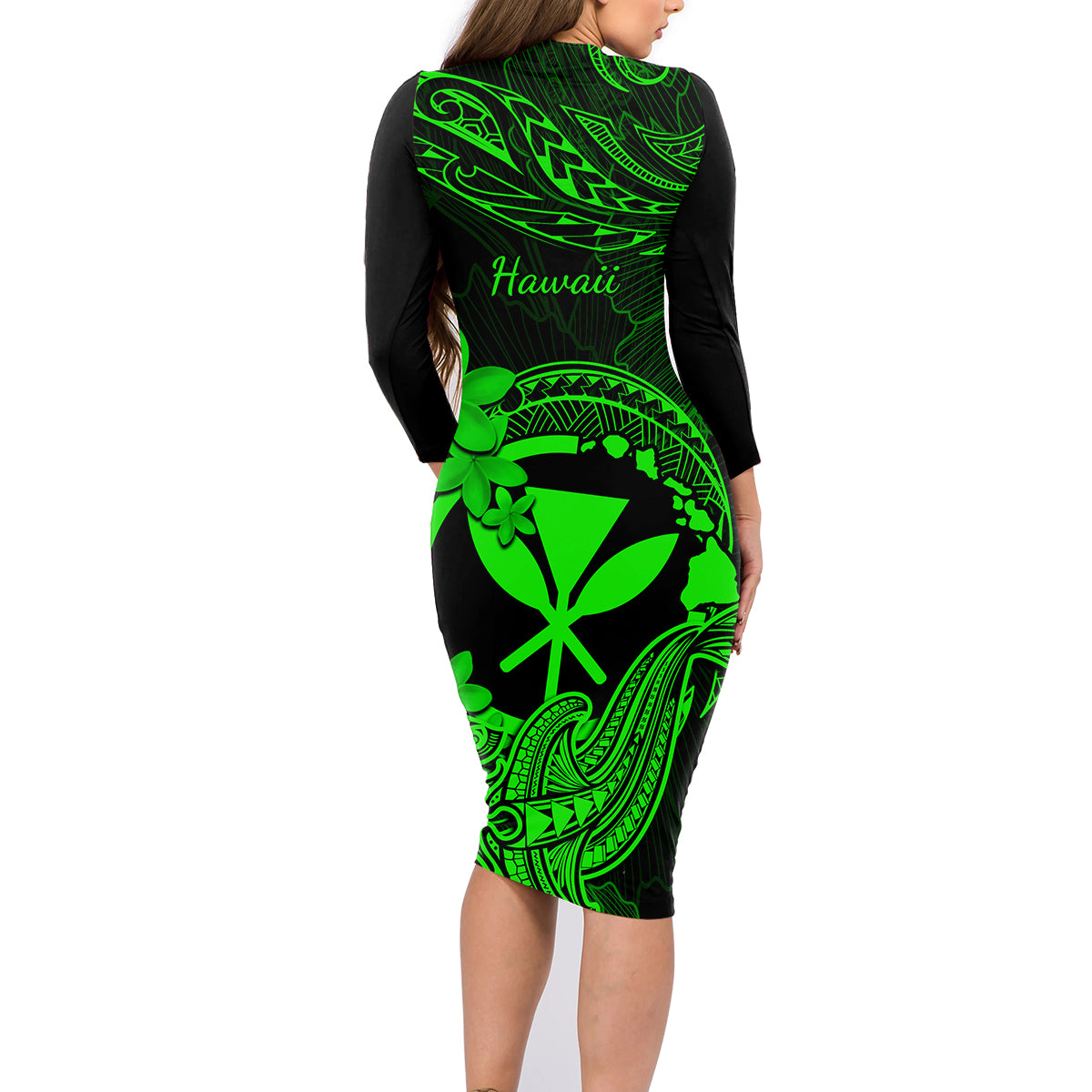 hawaii-family-matching-long-sleeve-bodycon-dress-and-hawaiian-shirt-hammerhead-shark-tattoo-mix-polynesian-plumeria-green-version