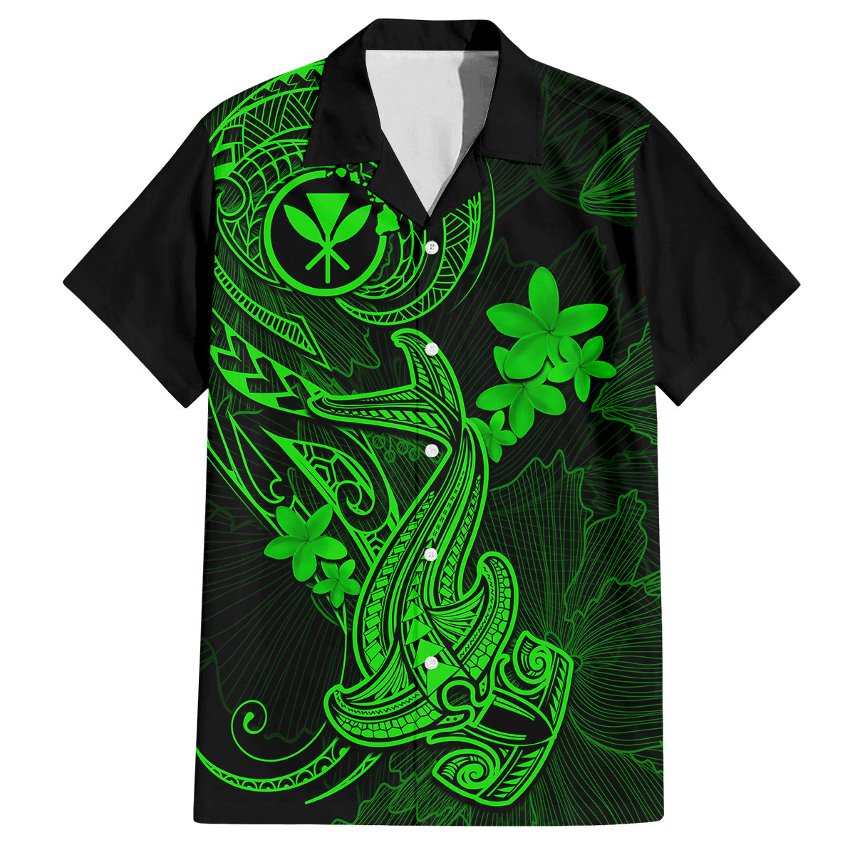 Hawaii Family Matching Off Shoulder Maxi Dress and Hawaiian Shirt Hammerhead Shark Tattoo Mix Polynesian Plumeria Green Version LT14 Dad's Shirt - Short Sleeve Green - Polynesian Pride