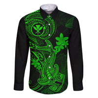 Hawaii Family Matching Off Shoulder Maxi Dress and Hawaiian Shirt Hammerhead Shark Tattoo Mix Polynesian Plumeria Green Version LT14 Dad's Shirt - Long Sleeve Green - Polynesian Pride