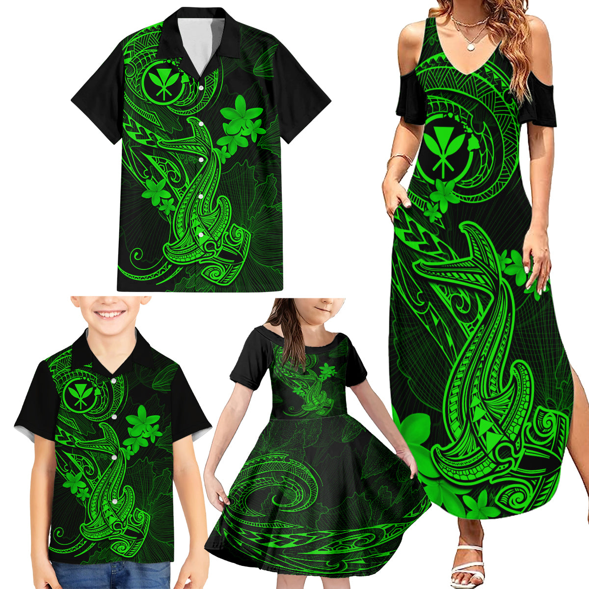 Hawaii Family Matching Summer Maxi Dress and Hawaiian Shirt Hammerhead Shark Tattoo Mix Polynesian Plumeria Green Version LT14 - Polynesian Pride
