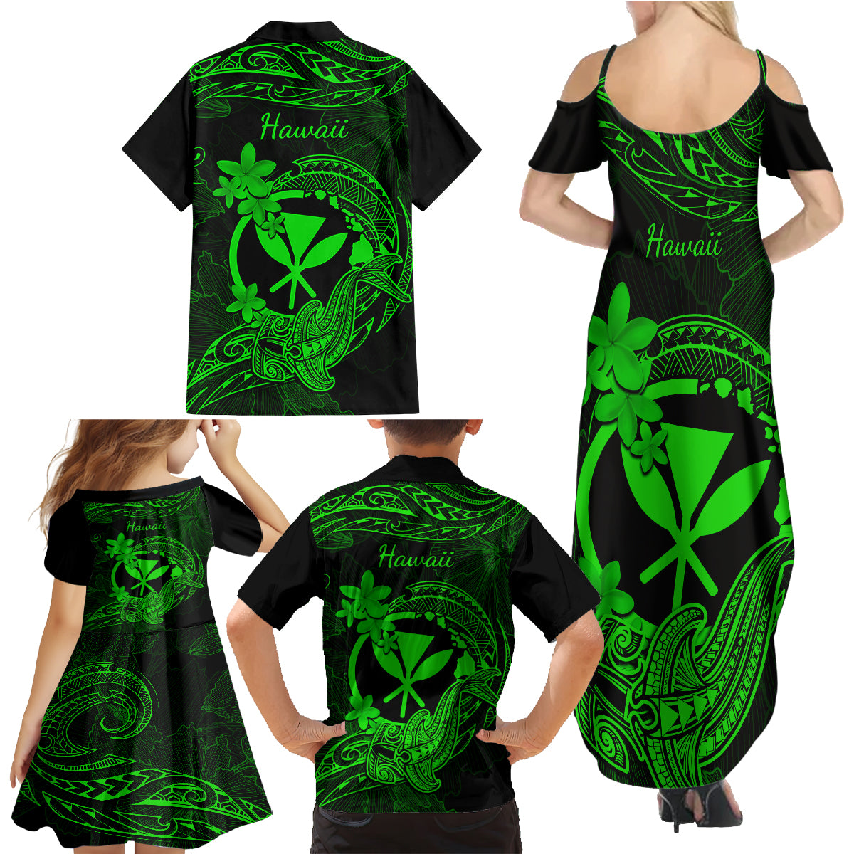 Hawaii Family Matching Summer Maxi Dress and Hawaiian Shirt Hammerhead Shark Tattoo Mix Polynesian Plumeria Green Version LT14 - Polynesian Pride