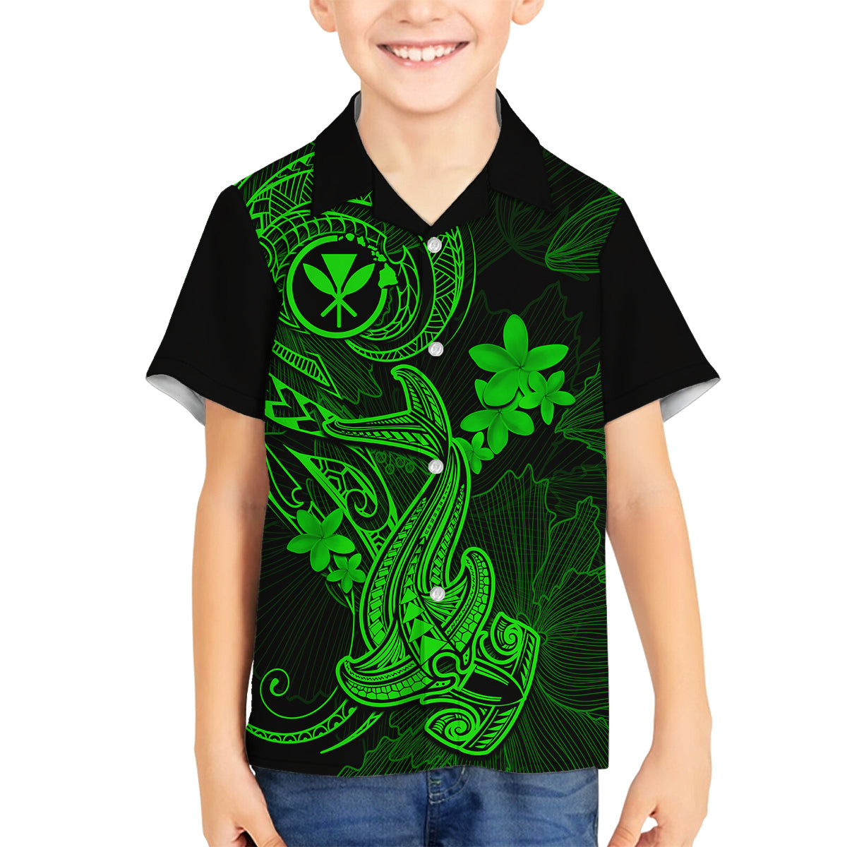 Hawaii Family Matching Summer Maxi Dress and Hawaiian Shirt Hammerhead Shark Tattoo Mix Polynesian Plumeria Green Version LT14 Dad's Shirt - Long Sleeve Green - Polynesian Pride