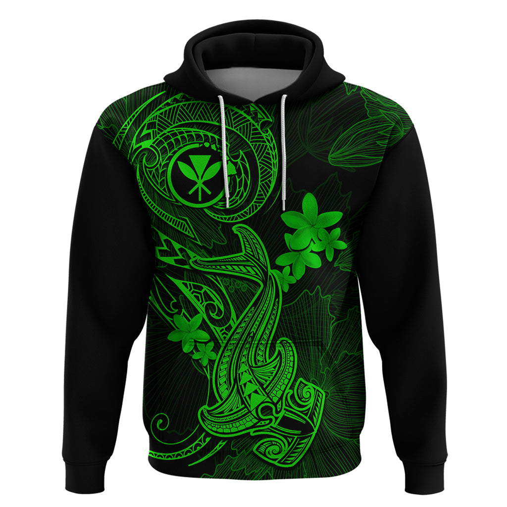 Hawaii Hoodie Hammerhead Shark Tattoo Mix Polynesian Plumeria Green Version LT14 Pullover Hoodie Green - Polynesian Pride