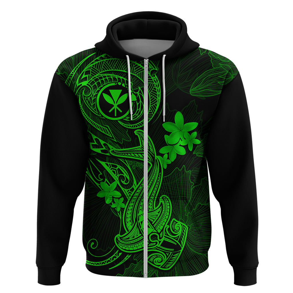 Hawaii Hoodie Hammerhead Shark Tattoo Mix Polynesian Plumeria Green Version LT14 Zip Hoodie Green - Polynesian Pride