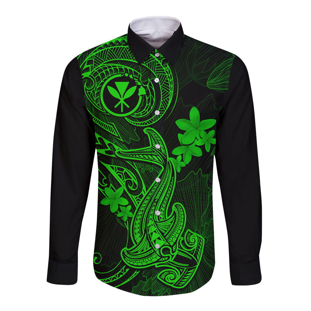 hawaii-long-sleeve-button-shirt-hammerhead-shark-tattoo-mix-polynesian-plumeria-green-version