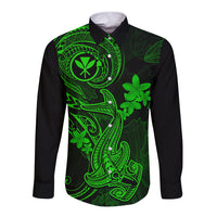 hawaii-long-sleeve-button-shirt-hammerhead-shark-tattoo-mix-polynesian-plumeria-green-version