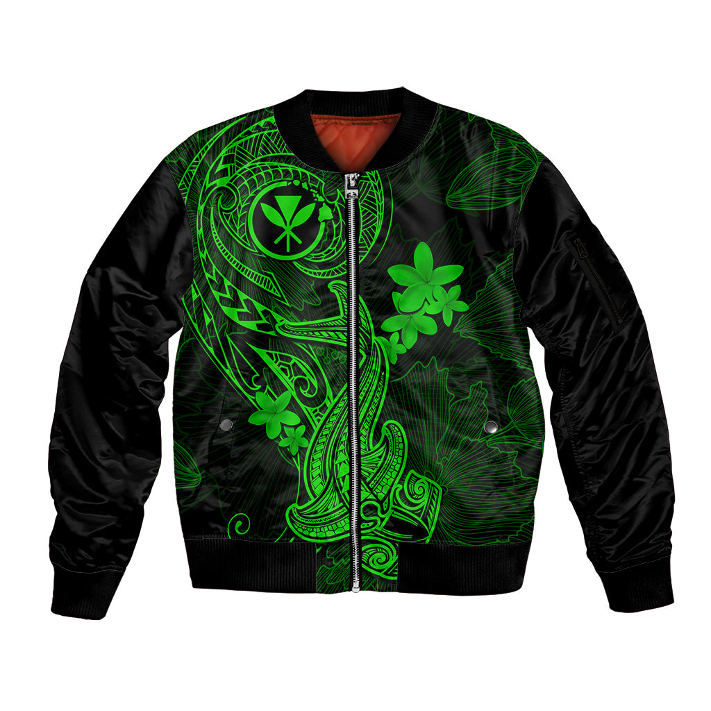 Hawaii Sleeve Zip Bomber Jacket Hammerhead Shark Tattoo Mix Polynesian Plumeria Green Version LT14 Unisex Green - Polynesian Pride