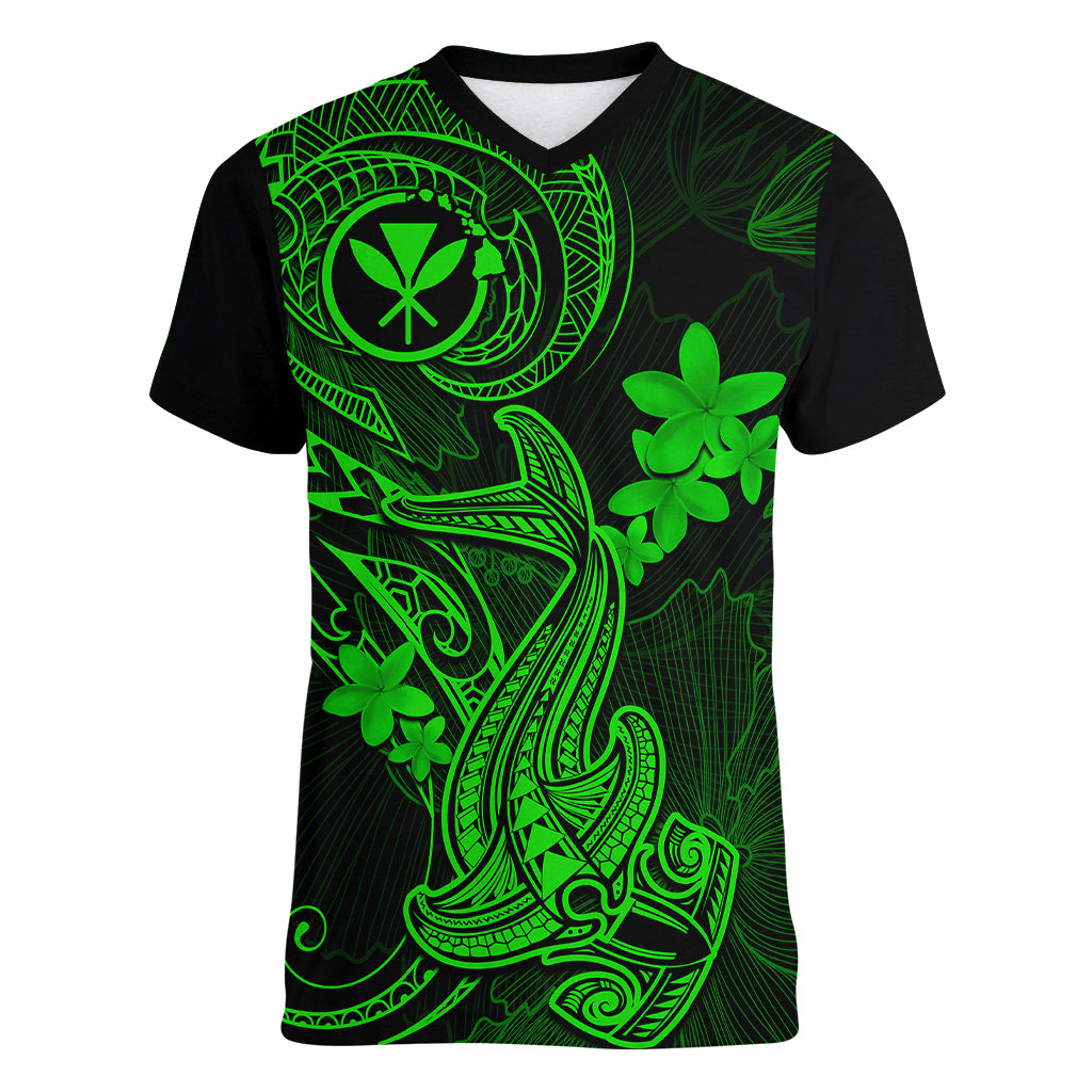 hawaii-women-v-neck-t-shirt-hammerhead-shark-tattoo-mix-polynesian-plumeria-green-version