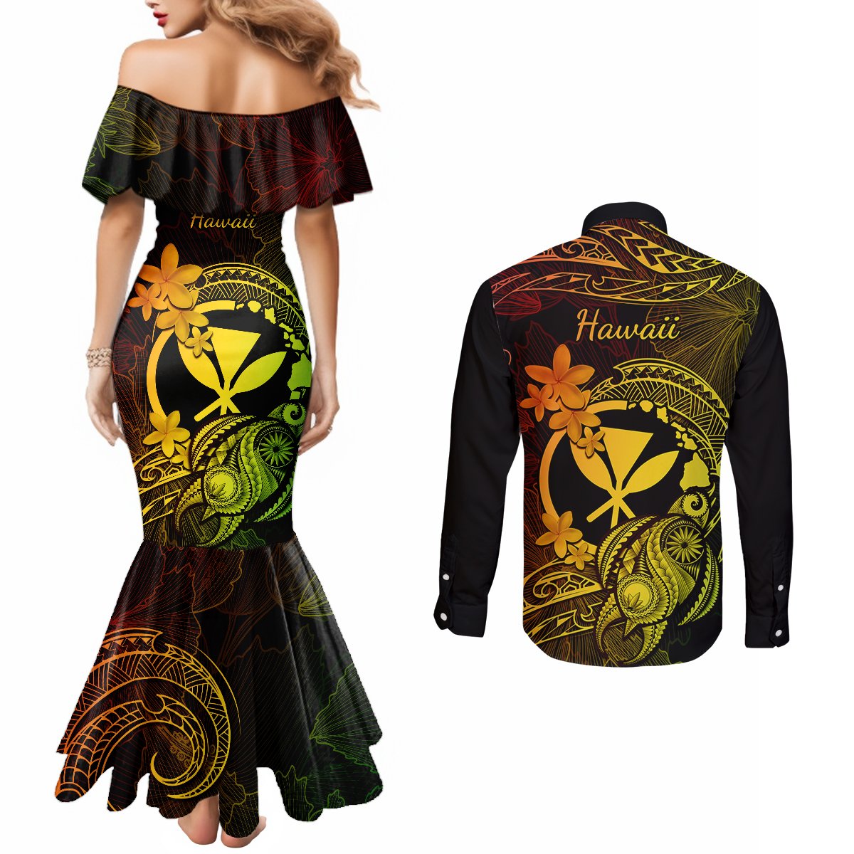 hawaii-couples-matching-mermaid-dress-and-long-sleeve-button-shirts-turtle-mix-polynesian-plumeria-reggae-version