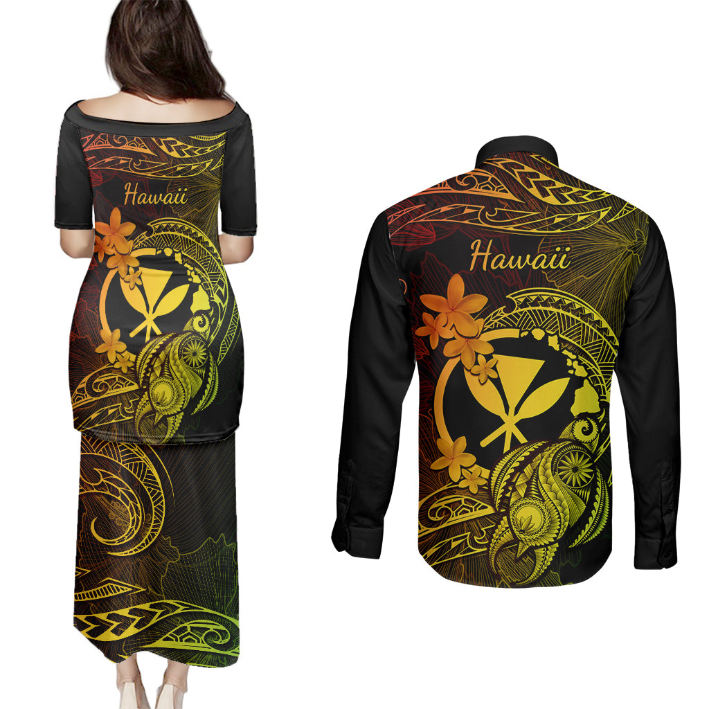 hawaii-couples-matching-puletasi-dress-and-long-sleeve-button-shirts-turtle-mix-polynesian-plumeria-reggae-version
