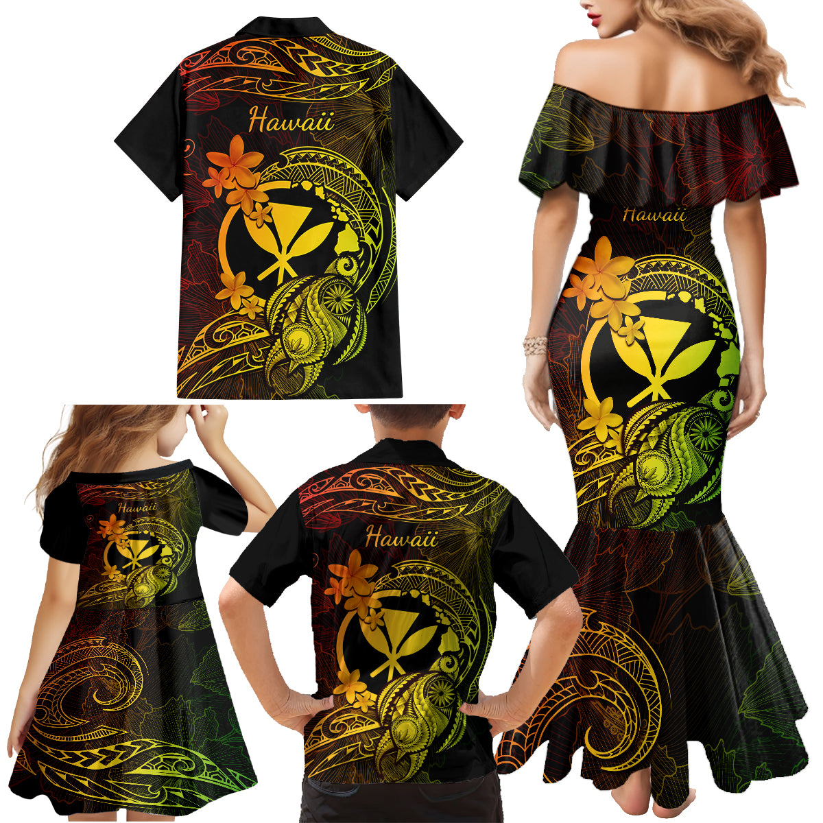 hawaii-family-matching-mermaid-dress-and-hawaiian-shirt-turtle-mix-polynesian-plumeria-reggae-version