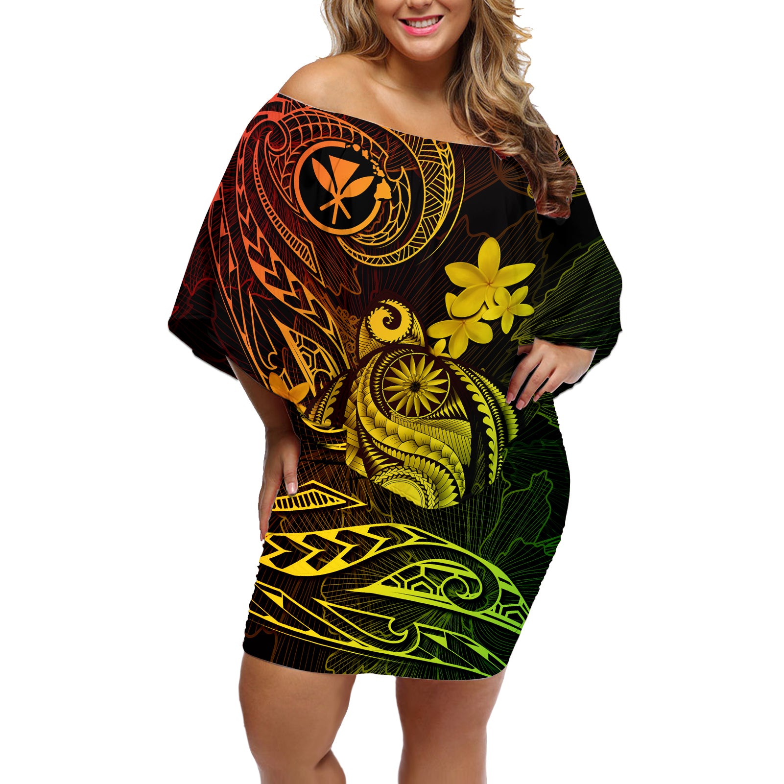 hawaii-off-shoulder-short-dress-turtle-mix-polynesian-plumeria-reggae-version