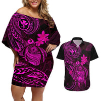 Hawaii Couples Matching Off Shoulder Short Dress and Hawaiian Shirt Turtle Mix Polynesian Plumeria Pink Version LT14 Pink - Polynesian Pride