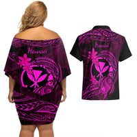 Hawaii Couples Matching Off Shoulder Short Dress and Hawaiian Shirt Turtle Mix Polynesian Plumeria Pink Version LT14 - Polynesian Pride