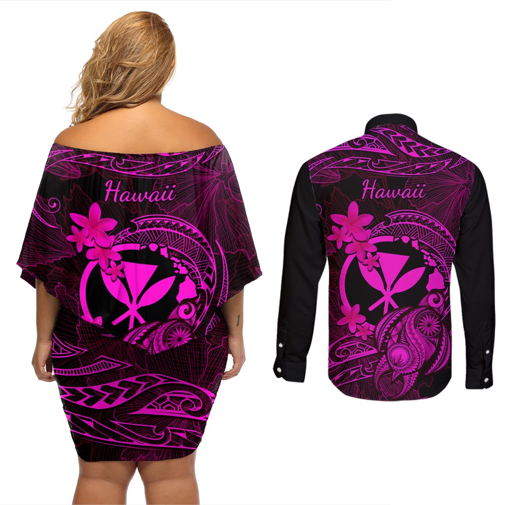 hawaii-couples-matching-off-shoulder-short-dress-and-long-sleeve-button-shirts-turtle-mix-polynesian-plumeria-pink-version