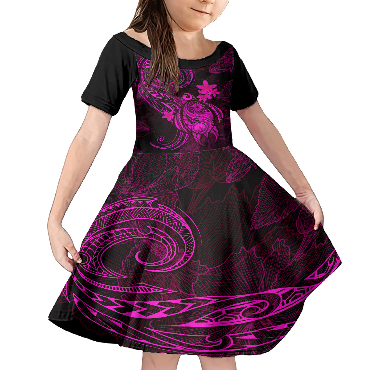 hawaii-kid-short-sleeve-dress-turtle-mix-polynesian-plumeria-pink-version