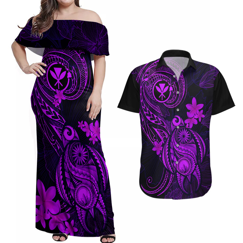 hawaii-couples-matching-off-shoulder-maxi-dress-and-hawaiian-shirt-turtle-mix-polynesian-plumeria-purple-version