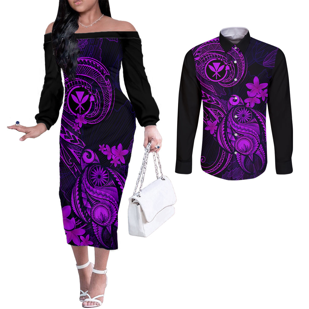 Hawaii Couples Matching Off The Shoulder Long Sleeve Dress and Long Sleeve Button Shirts Turtle Mix Polynesian Plumeria Purple Version LT14 Purple - Polynesian Pride