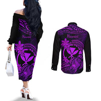 Hawaii Couples Matching Off The Shoulder Long Sleeve Dress and Long Sleeve Button Shirts Turtle Mix Polynesian Plumeria Purple Version LT14 - Polynesian Pride
