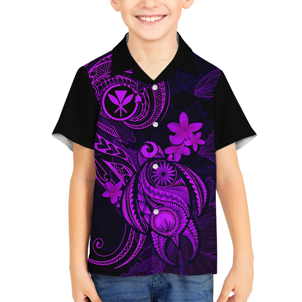 Hawaii Family Matching Off Shoulder Maxi Dress and Hawaiian Shirt Turtle Mix Polynesian Plumeria Purple Version LT14 Son's Shirt Purple - Polynesian Pride