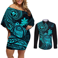 hawaii-couples-matching-off-shoulder-short-dress-and-long-sleeve-button-shirts-turtle-mix-polynesian-plumeria-turquoise-version