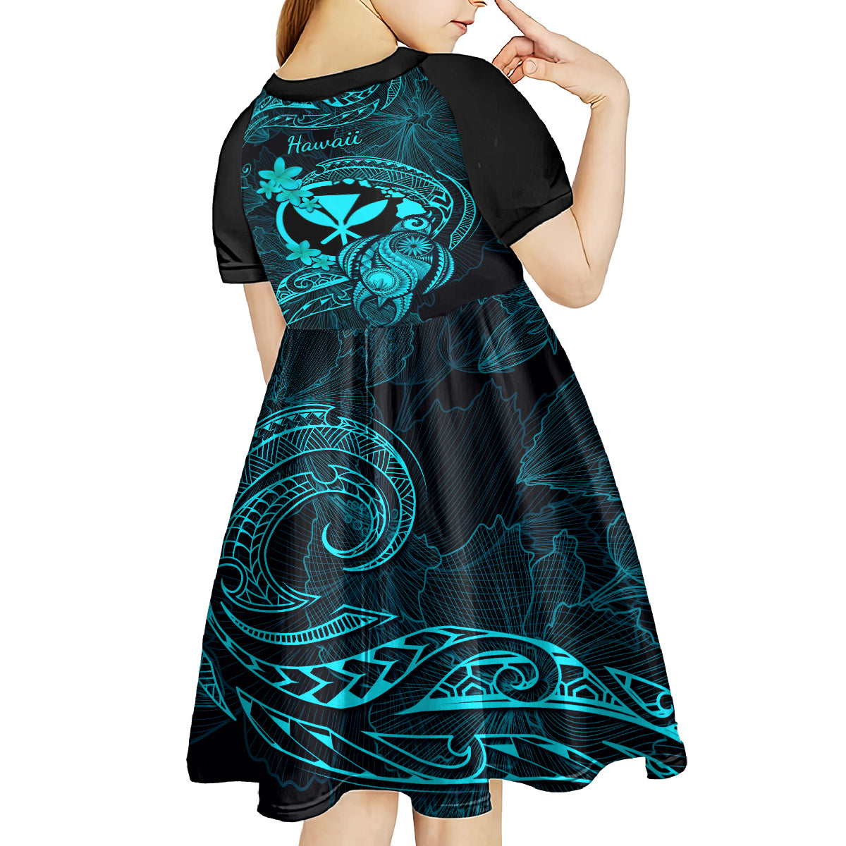 hawaii-kid-short-sleeve-dress-turtle-mix-polynesian-plumeria-turquoise-version