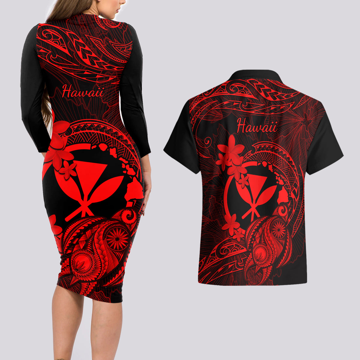 hawaii-couples-matching-long-sleeve-bodycon-dress-and-hawaiian-shirt-turtle-mix-polynesian-plumeria-red-version