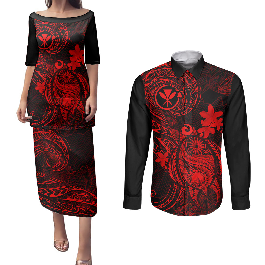 hawaii-couples-matching-puletasi-dress-and-long-sleeve-button-shirts-turtle-mix-polynesian-plumeria-red-version