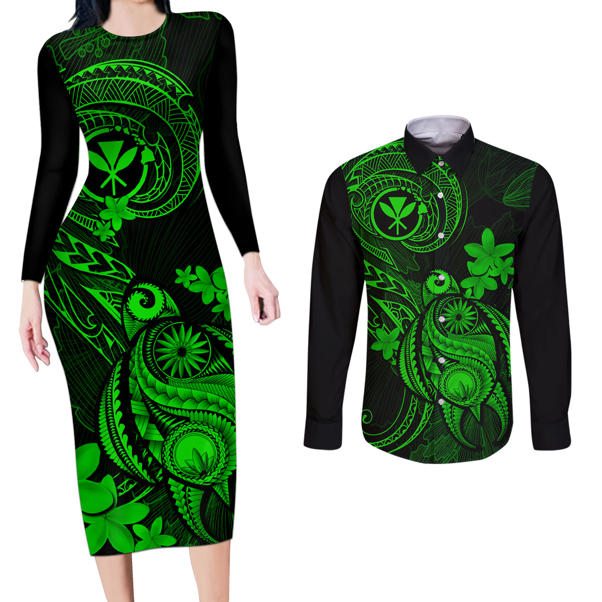 hawaii-couples-matching-long-sleeve-bodycon-dress-and-long-sleeve-button-shirts-turtle-mix-polynesian-plumeria-green-version