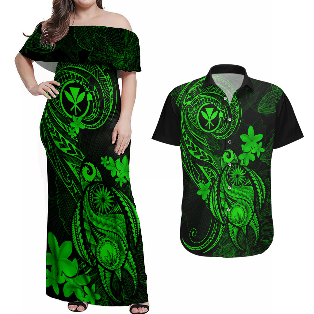 hawaii-couples-matching-off-shoulder-maxi-dress-and-hawaiian-shirt-turtle-mix-polynesian-plumeria-green-version