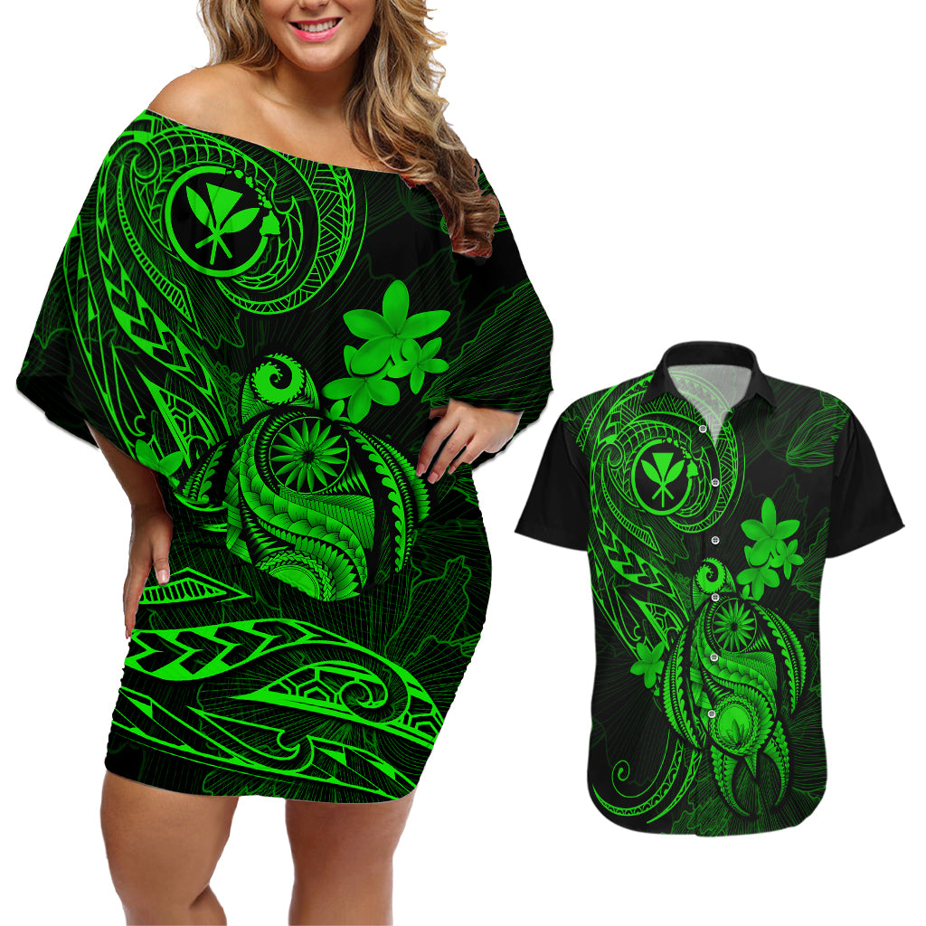 hawaii-couples-matching-off-shoulder-short-dress-and-hawaiian-shirt-turtle-mix-polynesian-plumeria-green-version