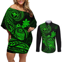 hawaii-couples-matching-off-shoulder-short-dress-and-long-sleeve-button-shirts-turtle-mix-polynesian-plumeria-green-version