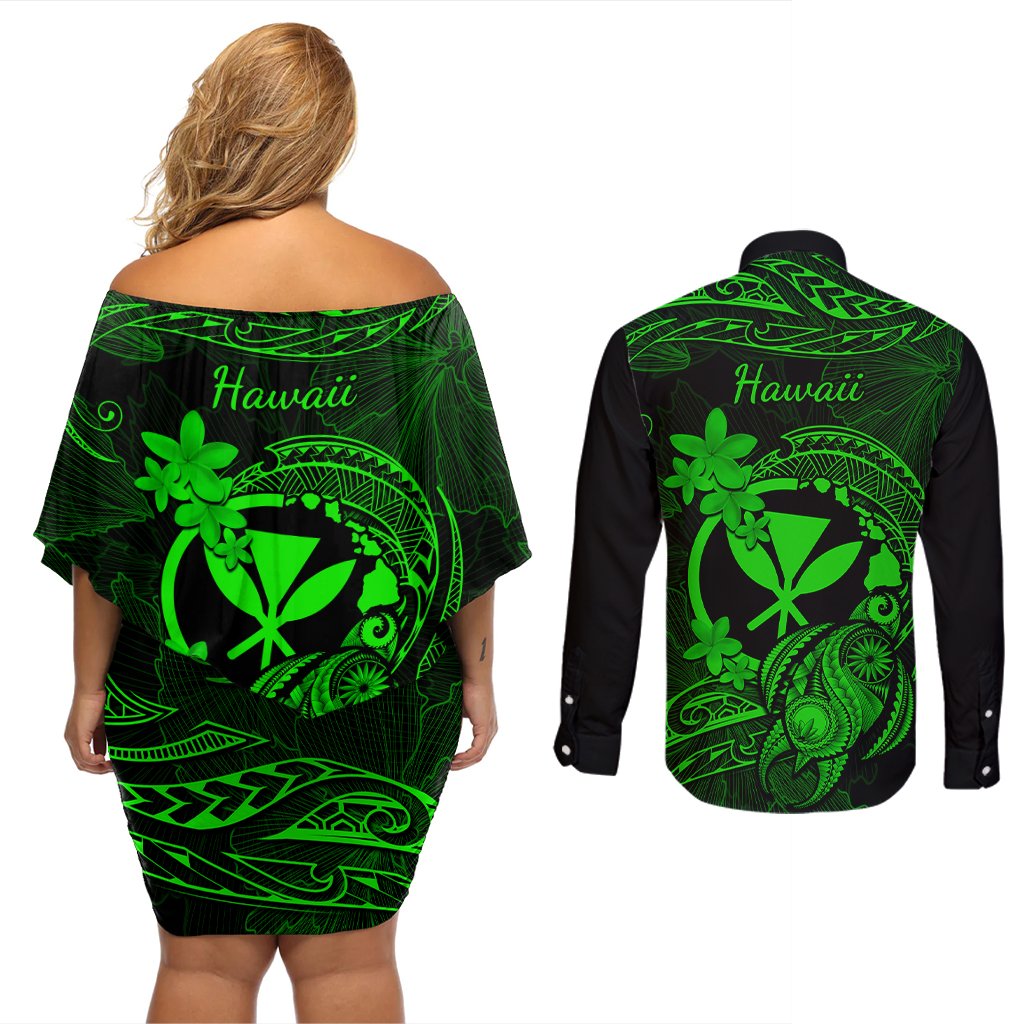 hawaii-couples-matching-off-shoulder-short-dress-and-long-sleeve-button-shirts-turtle-mix-polynesian-plumeria-green-version