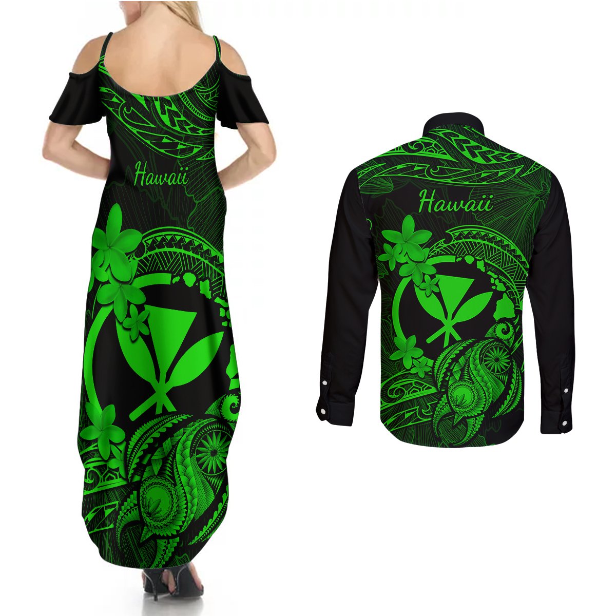 hawaii-couples-matching-summer-maxi-dress-and-long-sleeve-button-shirts-turtle-mix-polynesian-plumeria-green-version