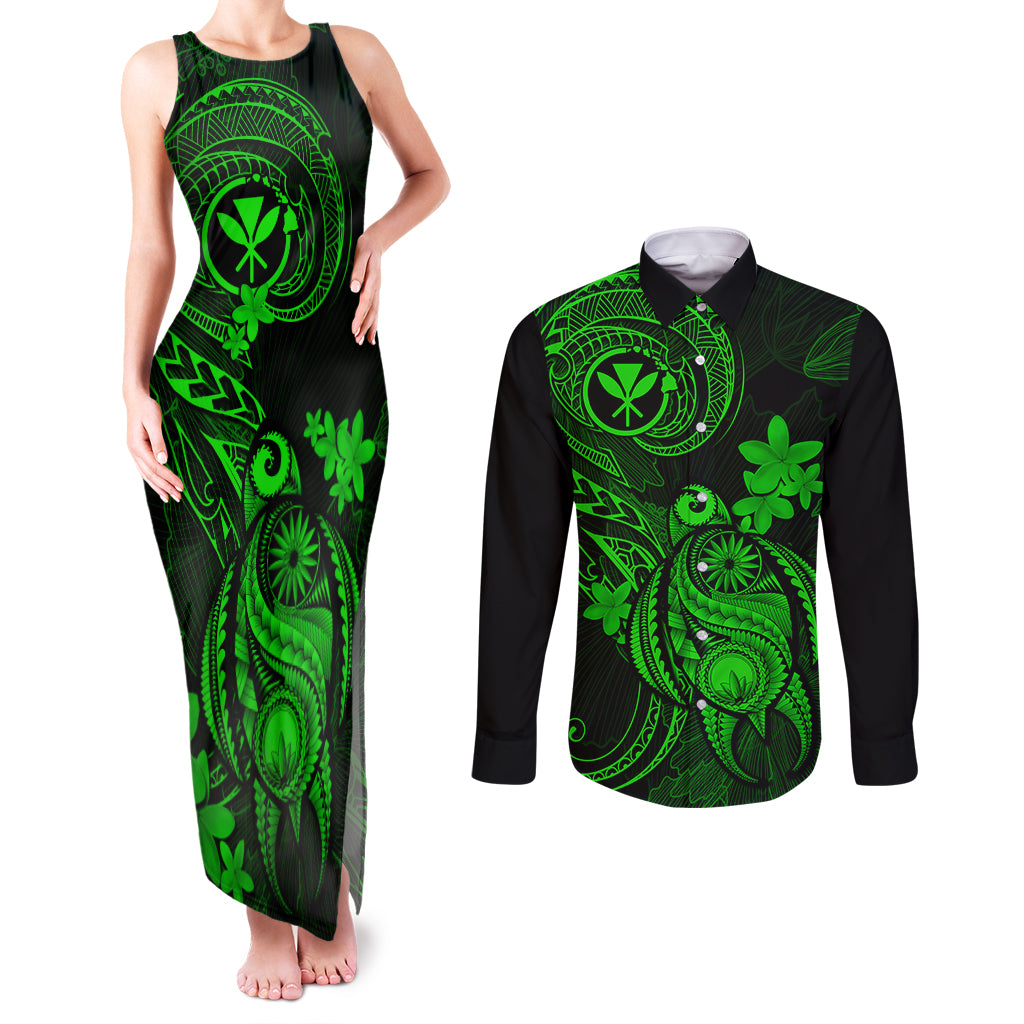 hawaii-couples-matching-tank-maxi-dress-and-long-sleeve-button-shirts-turtle-mix-polynesian-plumeria-green-version