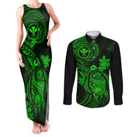 hawaii-couples-matching-tank-maxi-dress-and-long-sleeve-button-shirts-turtle-mix-polynesian-plumeria-green-version