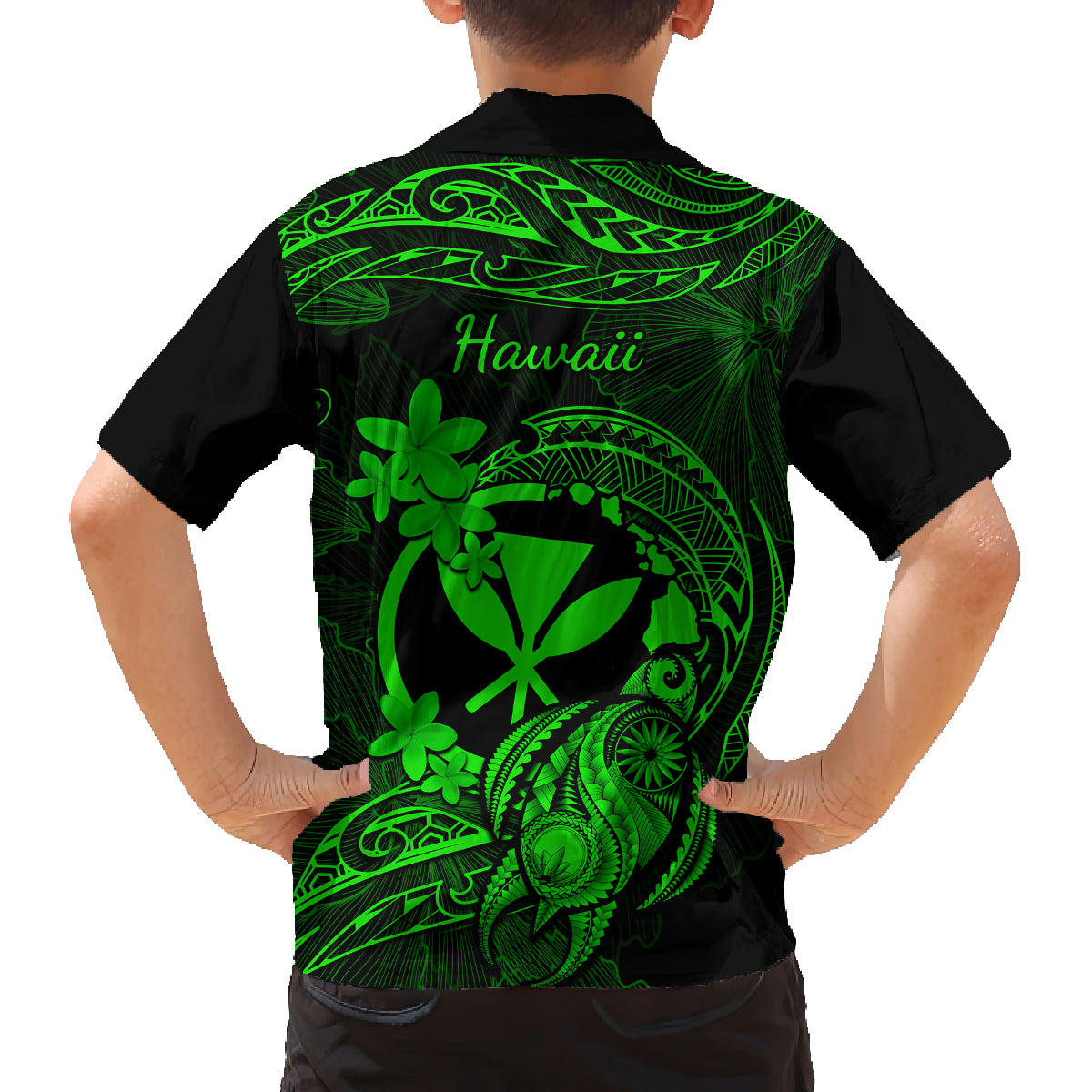 hawaii-family-matching-off-shoulder-long-sleeve-dress-and-hawaiian-shirt-turtle-mix-polynesian-plumeria-green-version
