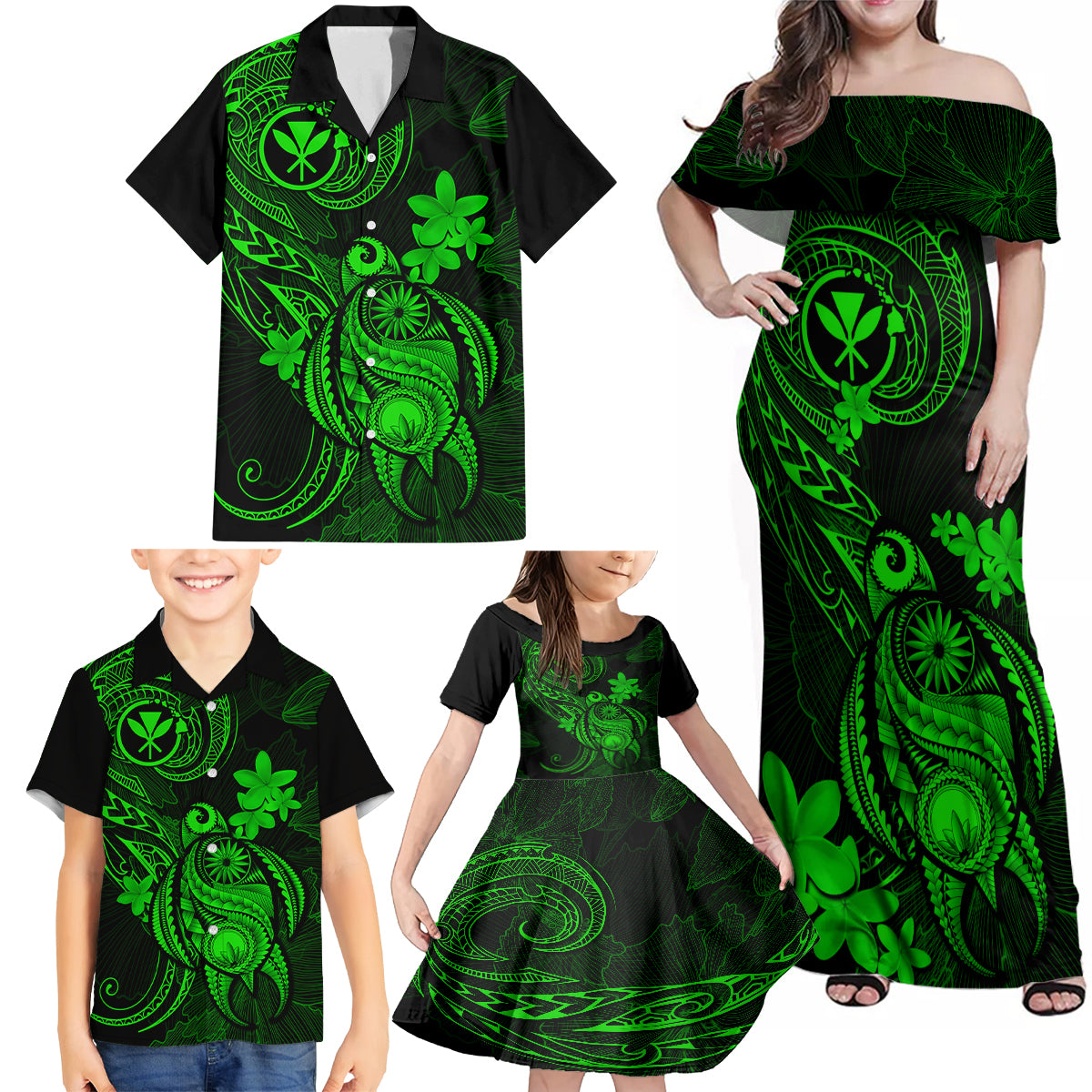 hawaii-family-matching-off-shoulder-maxi-dress-and-hawaiian-shirt-turtle-mix-polynesian-plumeria-green-version