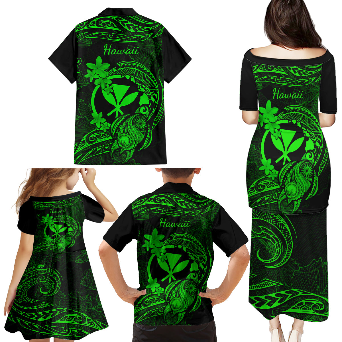 Hawaii Family Matching Puletasi Dress and Hawaiian Shirt Turtle Mix Polynesian Plumeria Green Version LT14 - Polynesian Pride