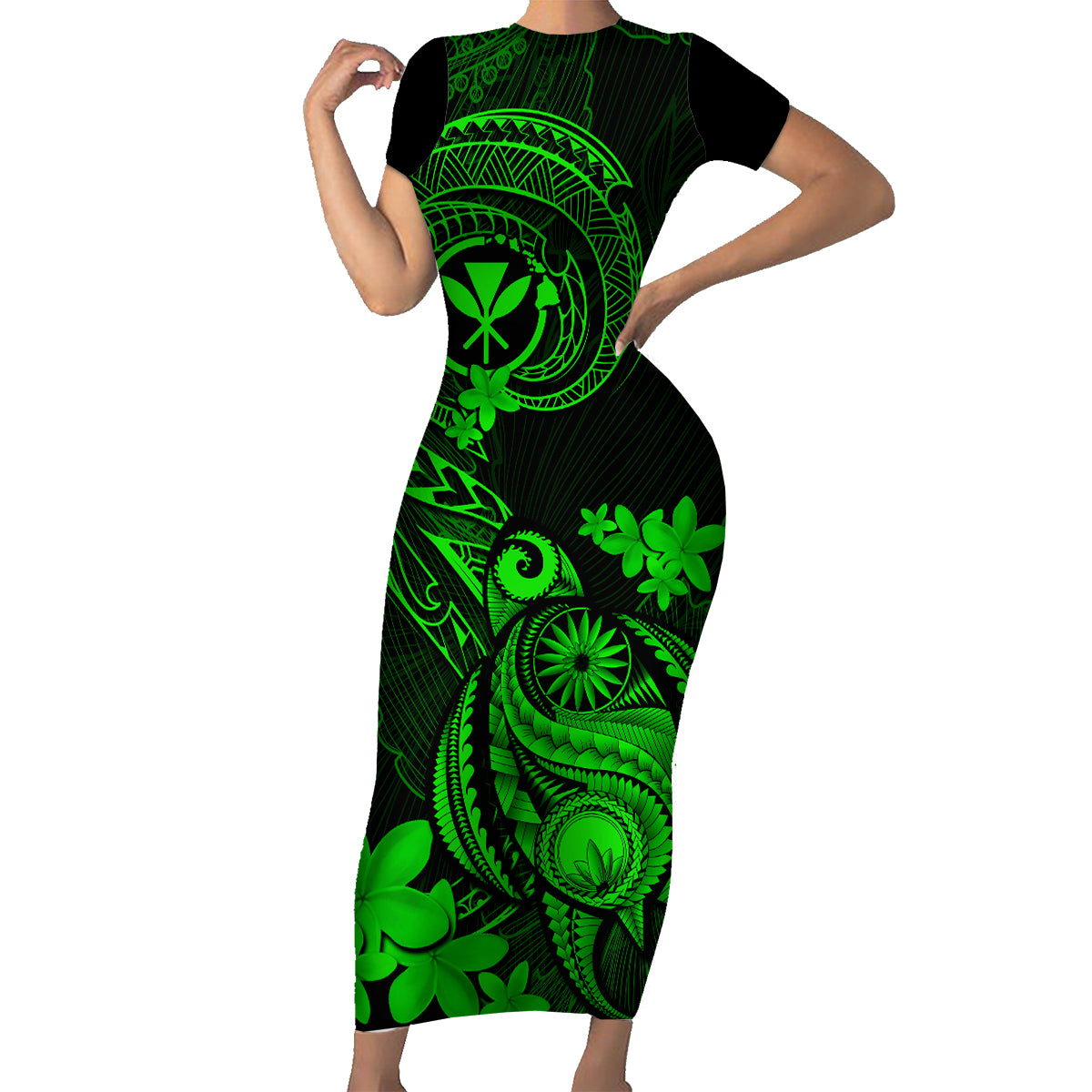 hawaii-family-matching-short-sleeve-bodycon-dress-and-hawaiian-shirt-turtle-mix-polynesian-plumeria-green-version