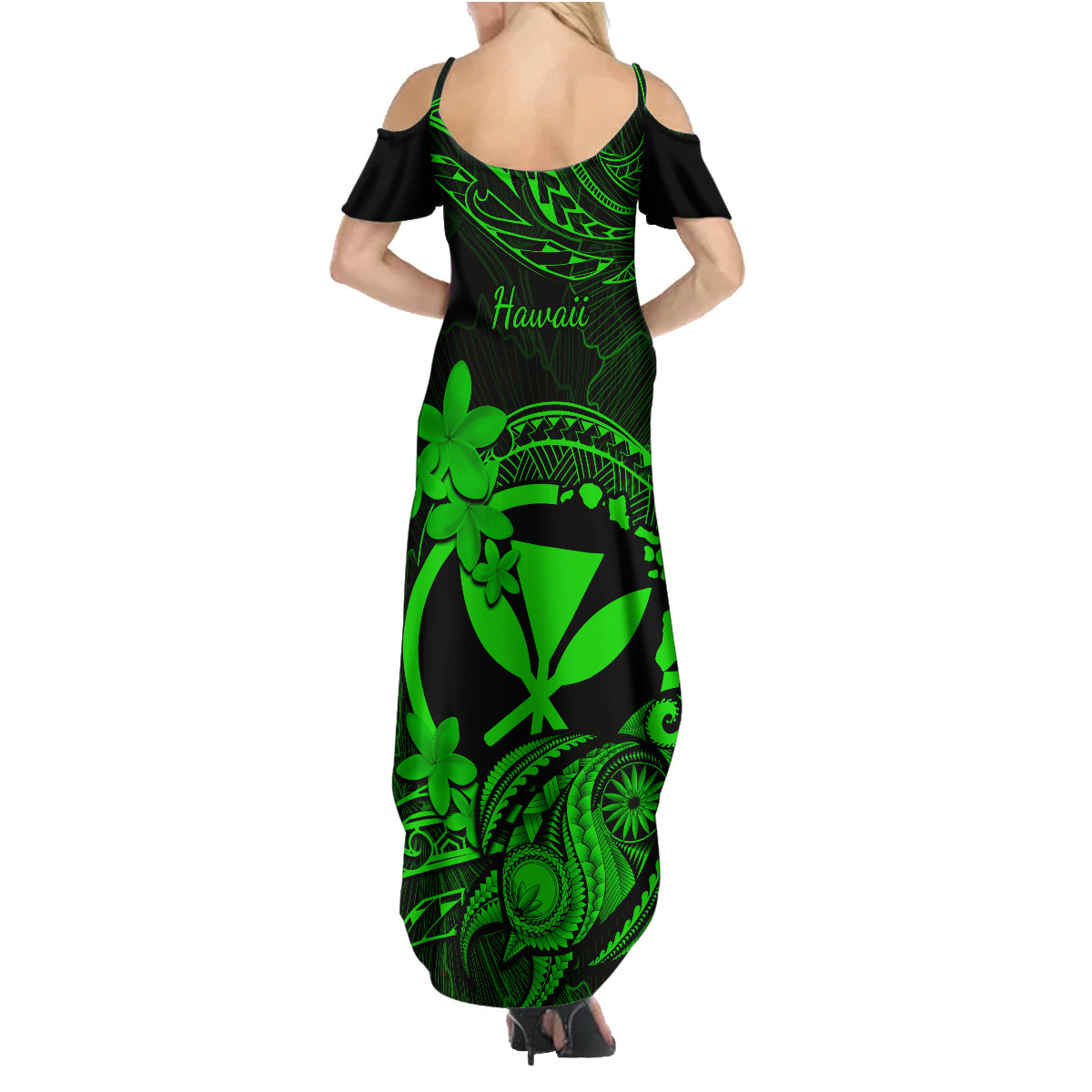 hawaii-family-matching-summer-maxi-dress-and-hawaiian-shirt-turtle-mix-polynesian-plumeria-green-version