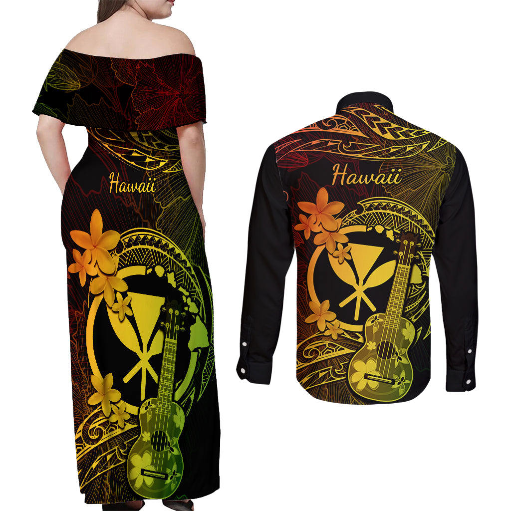 hawaii-couples-matching-off-shoulder-maxi-dress-and-long-sleeve-button-shirts-ukulele-mix-polynesian-plumeria-reggae-version