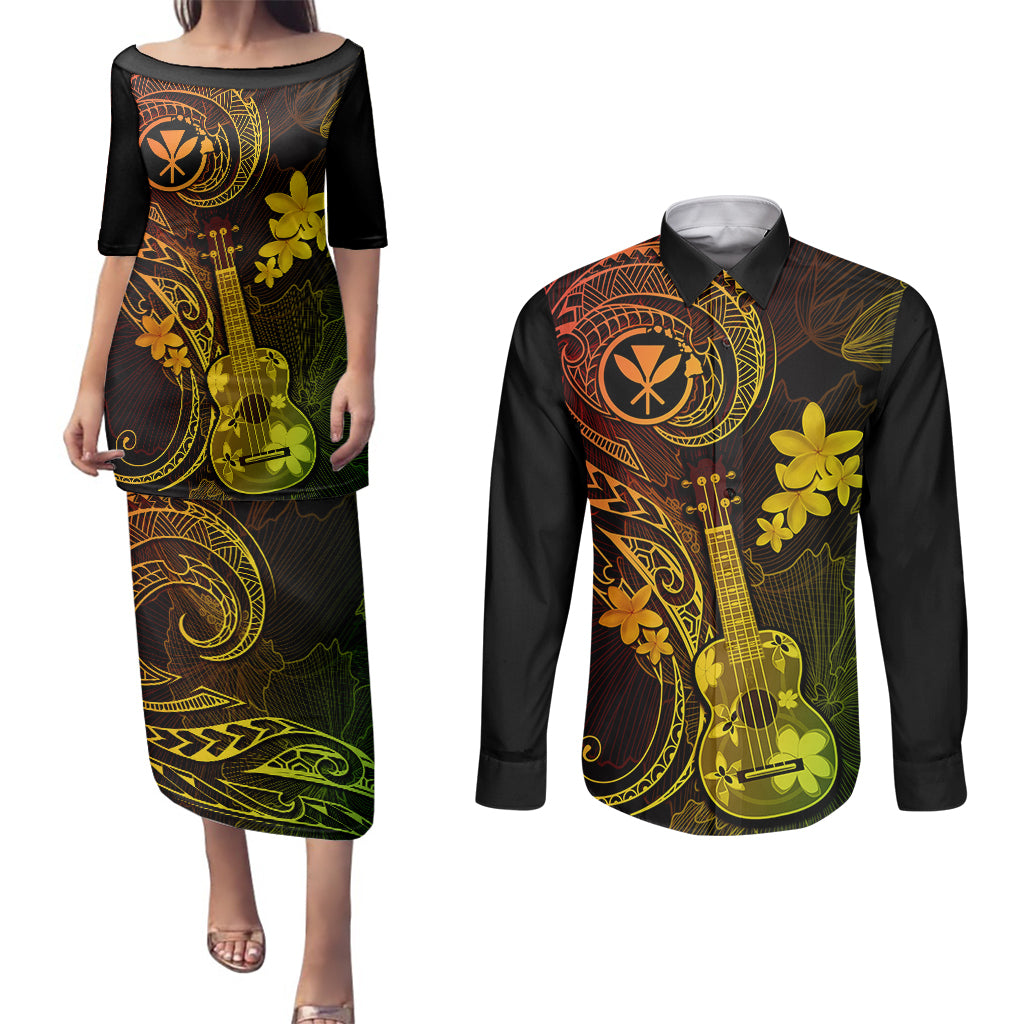 hawaii-couples-matching-puletasi-dress-and-long-sleeve-button-shirts-ukulele-mix-polynesian-plumeria-reggae-version